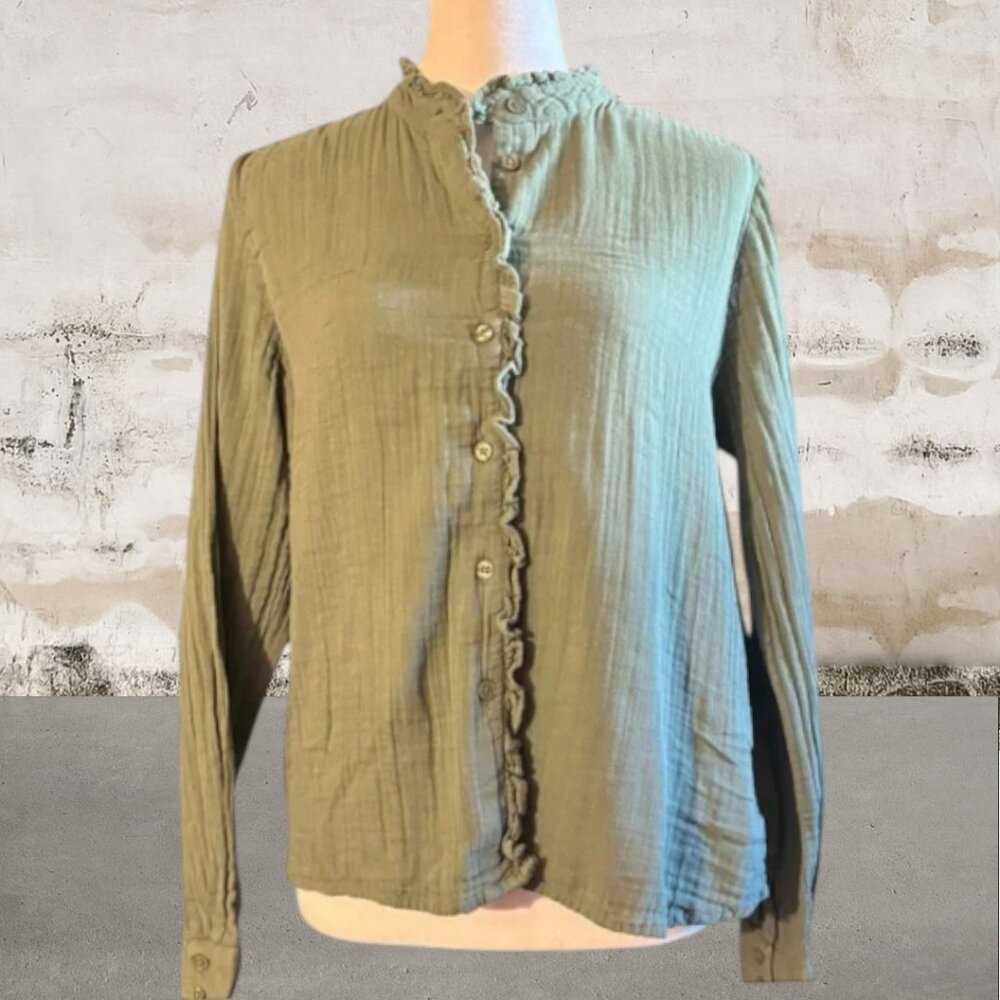 Les Essentiels De Monoprix Women's Olive Green Ruffle Button-Up Blouse Size 40